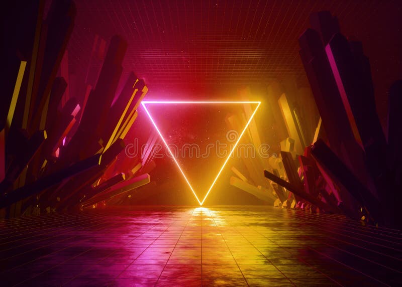 3d render, abstract background, cosmic landscape, triangular portal, fire red neon light, virtual reality, energy, glowing triangle, dark space, infrared spectrum, laser triangle, rocks, ground. 3d render, abstract background, cosmic landscape, triangular portal, fire red neon light, virtual reality, energy, glowing triangle, dark space, infrared spectrum, laser triangle, rocks, ground